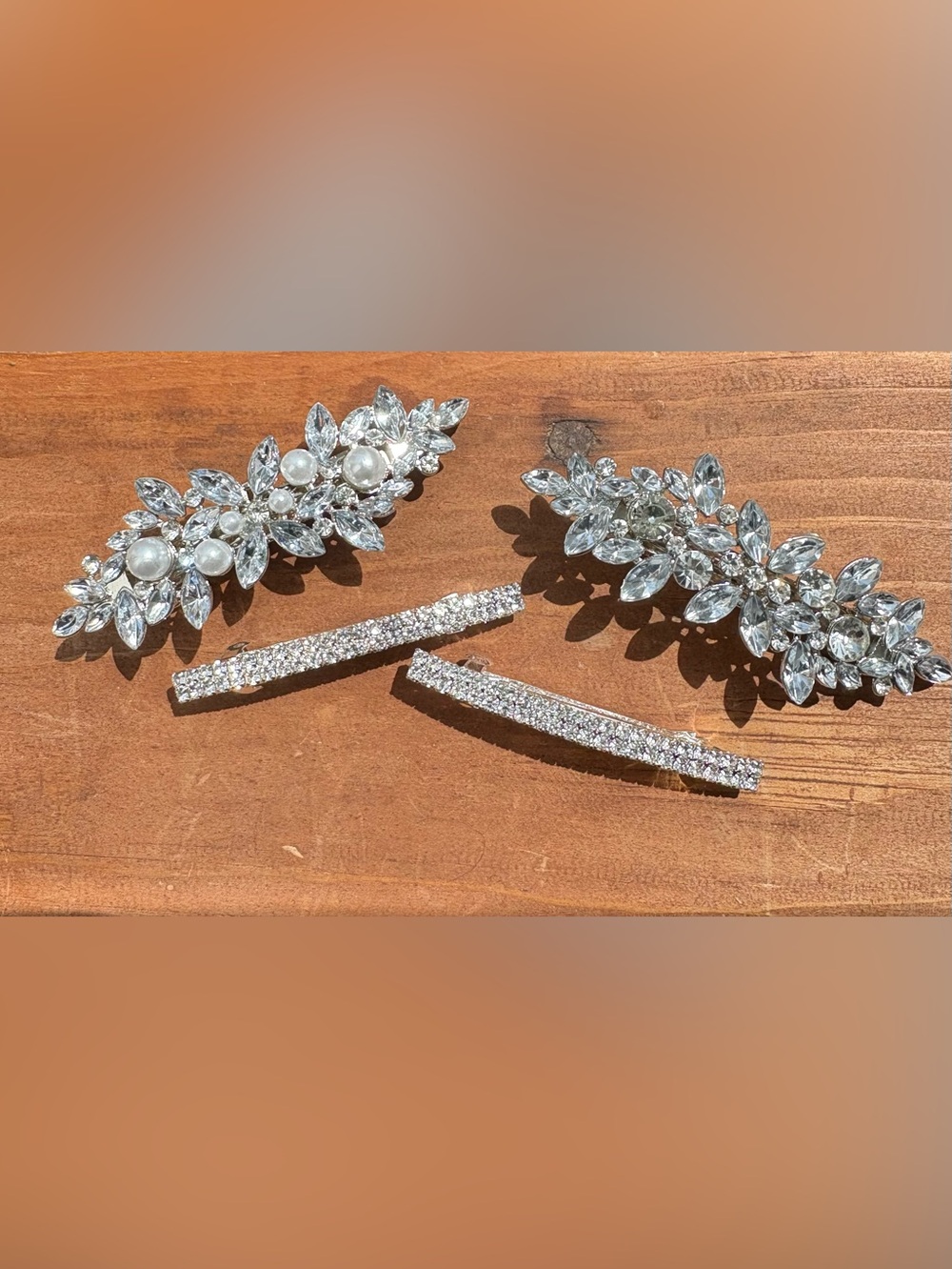 NEW NEVER WORN Crystal & Pearl Floral Hair Barrettes- Silver Rhinestone